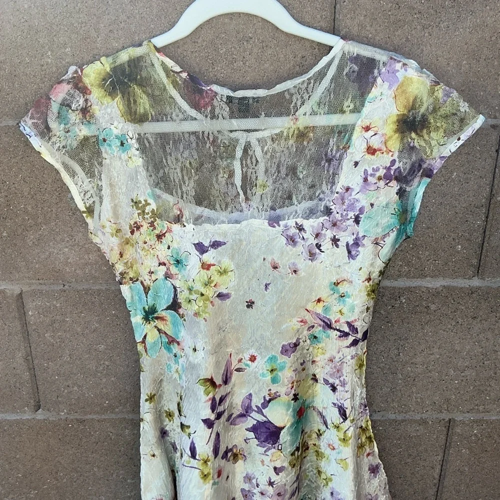 NWOT Komarov Floral Crinkle Lace Satin Midi Dress Large Fit & Flare Keyhole Chic